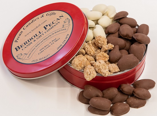 ALL TIME FAVORITE CANDIES & PECANS IN A RED BERDOLL TIN